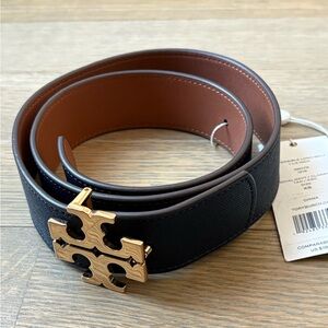 NWT Tory Burch Reversible Logo 1.5” Belt Royal Navy/Classic Tan Size XS